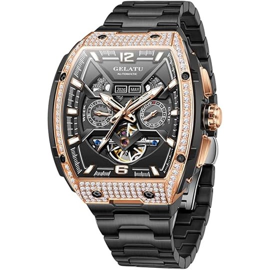 GELATU Automatic Watch — Diamond Bezel, Black & Rose Gold