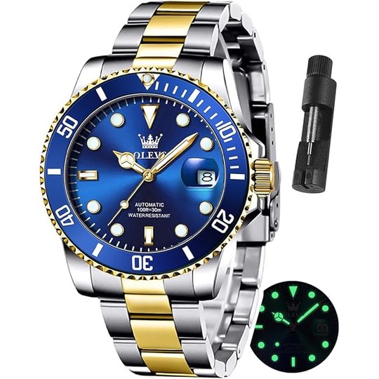 OLEVS Automatic Diver Watch — Blue Dial, Two-Tone Band