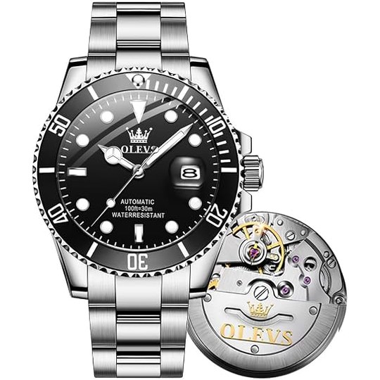 OLEVS Automatic Diver Watch — Black Dial, Steel Band