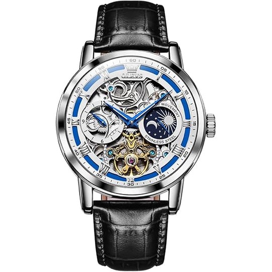 OLEVS Skeleton Automatic Watch — Moon Phase, Leather Strap