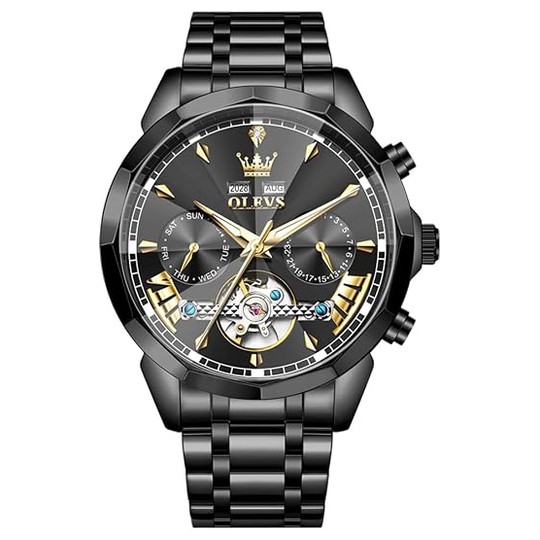 OLEVS Automatic Watch — Black Steel, Day & Date