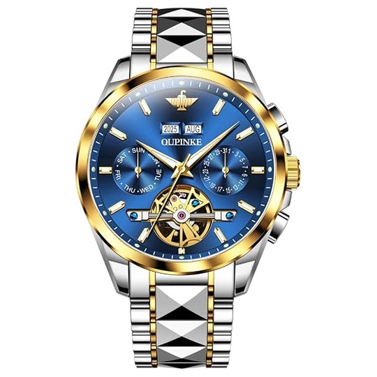 OLEVS Automatic Watch — Blue Dial, Gold Bezel