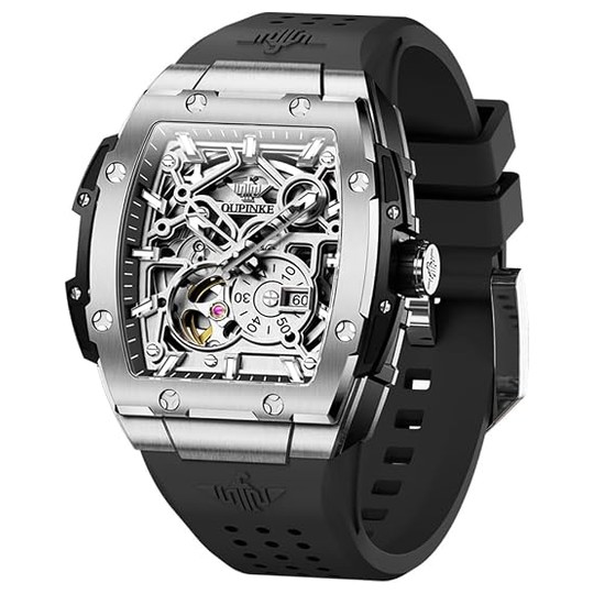 OLEVS Skeleton Automatic Watch — Black Rubber Strap