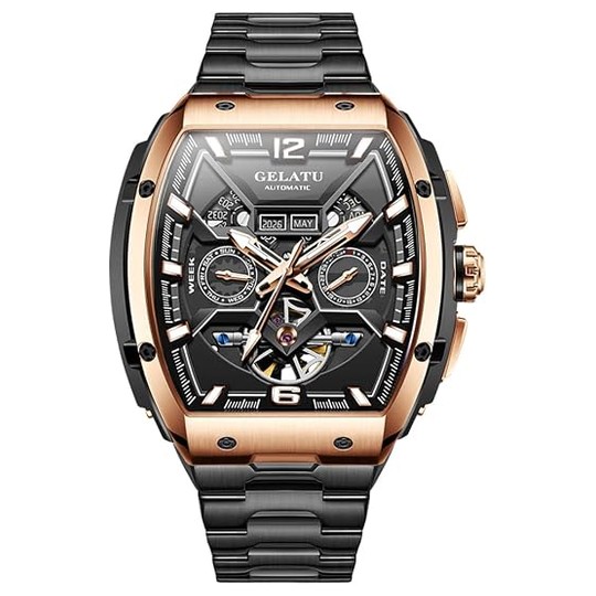 OLEVS Automatic Watch — Black & Rose Gold, Tonneau