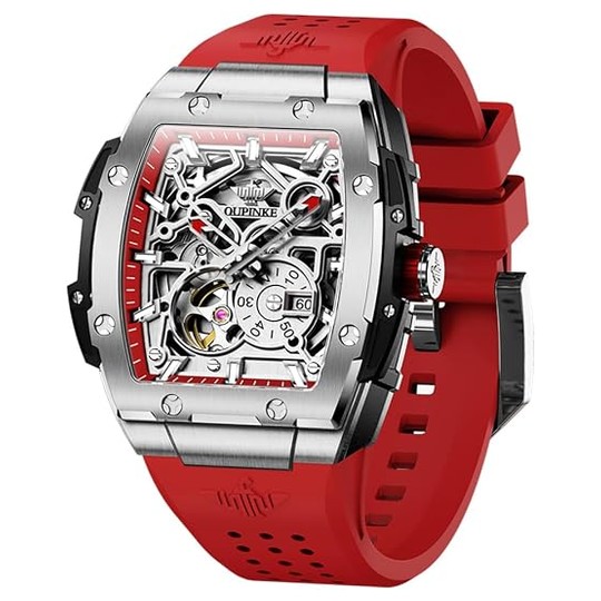 OLEVS Skeleton Automatic Watch — Red Rubber Strap